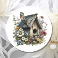 Pretty Watercolor Rustic Birdhouse and Bird Classic Round Sticker