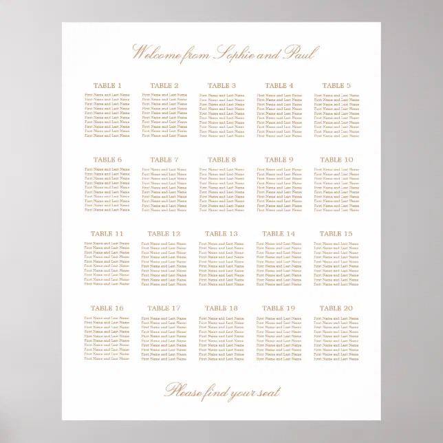 White Golden Beige 20 Table Wedding Seating Chart