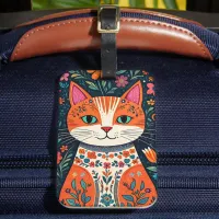 Whimsical Folk Art Cat and Flowers Luggage Tag