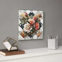 Elegant Arrangement of Colorful Roses on Marble Square Wall Clock