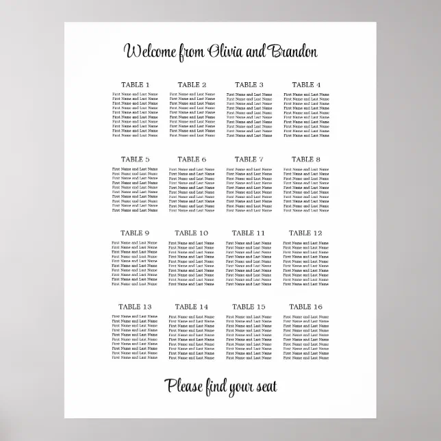 Stylish 16 Table Wedding Seating Chart Poster