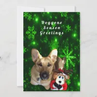 German Shepherd, Toy Reindeer, Green Snowflakes Holiday Card