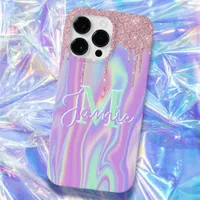 Monogram Metallic Rose Gold Glitter & Iridescent Case-Mate iPhone 14 Pro Max Case