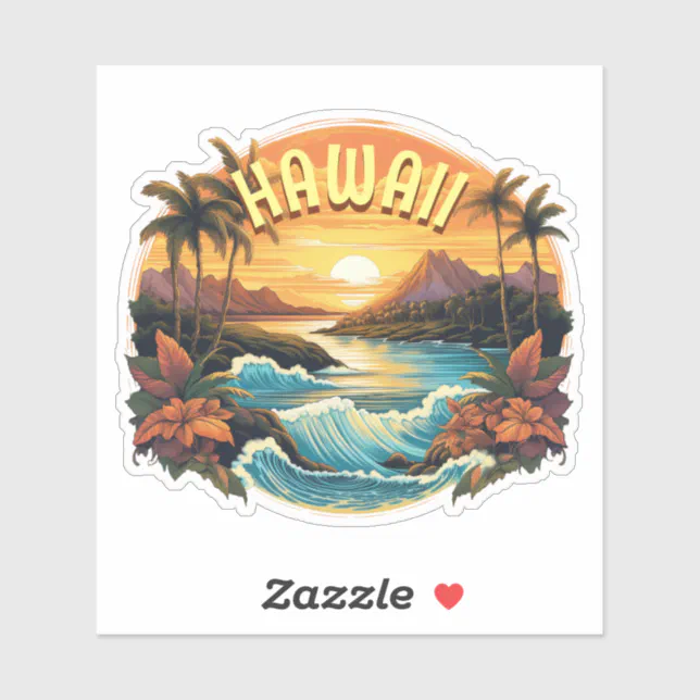 Vintage Art Sunset at Hawaii Beach Mountains Sticker