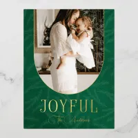 Green Gold Modern Botanical Arch Joyful Photo    Foil Holiday Postcard