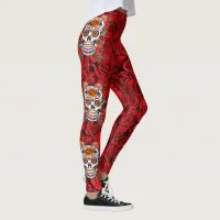 Sugar Skull Pink Red Roses Holidays Leggings