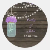 Purple Flowers Mason Jars Barn Wood Wedding Classic Round Sticker