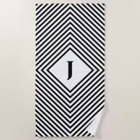 Black Radiating Rhombuses with Central Letter Beach Towel