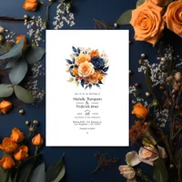 Navy and Orange Floral Wedding Invitation