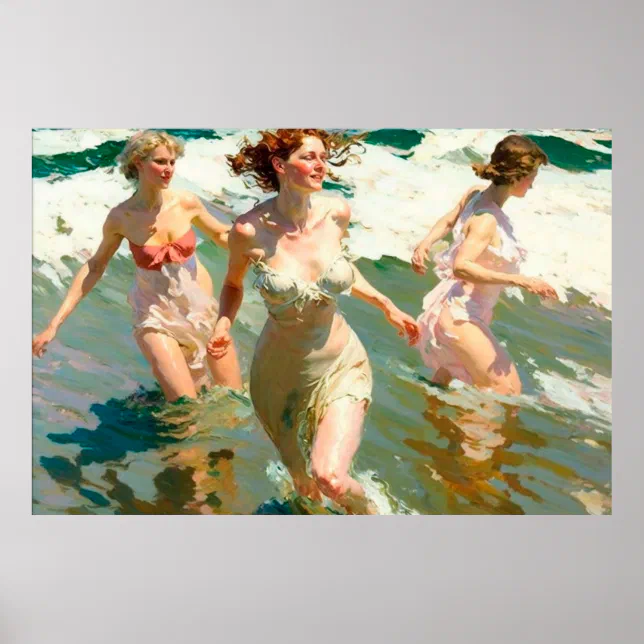 Young Women Playing in the Surf on a Sunny Day Poster