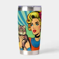 Cartoon Comic Pop Art Women Holding Cat Insulated Tumbler