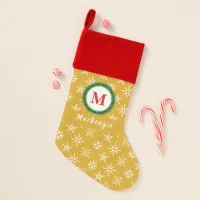 Monogram Wreath Your Name Gold & White Snowflakes Christmas Stocking