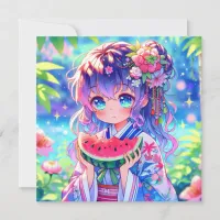 Cute Anime Girl Eating Watermelon on a Summer Day