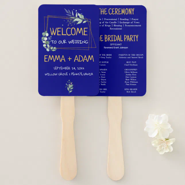 Simple Eucalyptus Greenery Navy Blue and Gold Hand Fan