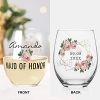 Maid of Honor Gold Glitter Geo Pink Floral Wedding Stemless Wine Glass