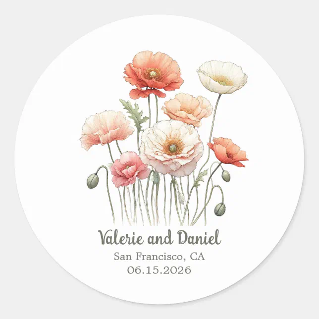 Watercolor Poppy Flowers Pretty Custom Wedding  Classic Round Sticker