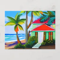 Green Beach House, Palm Trees and Ocean Postcard