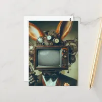 Steampunk Rabbit Man With a Vintage TV Head Static Postcard