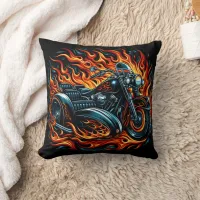 Fiery motorcycle roaring through vibrant flames throw pillow