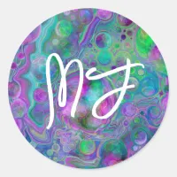 Monogrammed Purple and Blue Pour Painting Classic Round Sticker