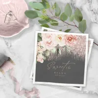 Floral Sparkles Sweet Sixteen Rose Gold/Blk ID912 Napkins