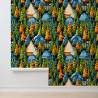 Blue, Orange and Green Tents and Pine Trees Camp Wallpaper