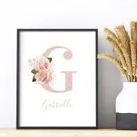 Girly Pale Rose Gold Glitter Floral Monogram G Poster