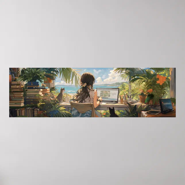 Anime office by the sea - Ultra wide Poster