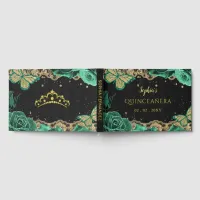 Green Roses Black Gold Lace Butterfly Quinceañera Guest Book