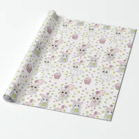 Cute Llama, Kitten and Mouse Cupcake Pink Girl's Wrapping Paper