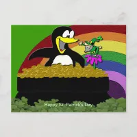 Penguin, Leprechaun, Gold and Rainbow Postcard