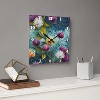 Colorful Floral Design With Vivid Leaves Square Wall Clock