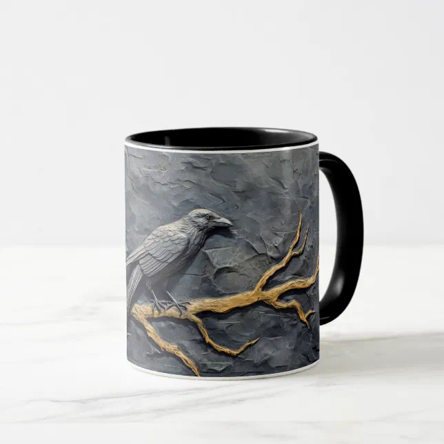 Perched raven in bas relief on slate wall mug