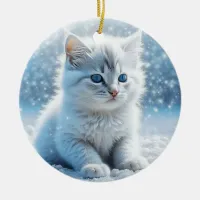 Little White Kitten in Snow Personalized Christmas Ceramic Ornament