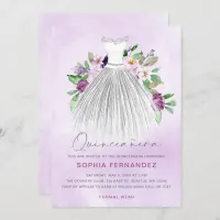 Purple Silver glitter Floral Dress Quincea&#241;era Invitation