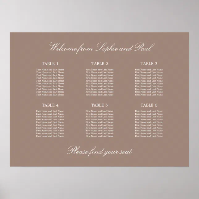 Taupe 6 Table Wedding Seating Chart Poster