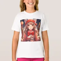 Pretty Anime Girl Holding Kitten Christmas T-Shirt