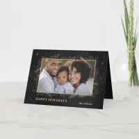 Black Gold Botanical Sparkle Photo  Holiday Card