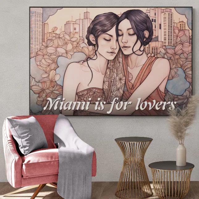 Miami Downtown Women Cuddling Lesbians Drawing Poster