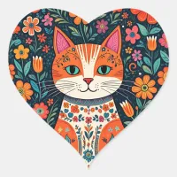Whimsical Folk Art Cat and Flowers Heart Sticker