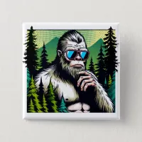 Curious Bigfoot with Sunglasses Hiding in Woods Button