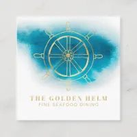 *~* Gold Helm Fine Dining Sea White Teal Blue Square Business Card