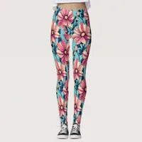 Pink and Blue Large Flowers Pattern Leggings