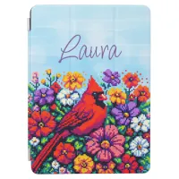 Red Cardinal and Flowers Pixel Art Personalized iPad Air Cover