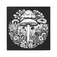 Black and White Flowers and Mushrooms Vintage Metal Print