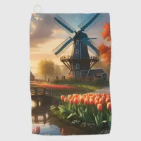 Windmill in Dutch Countryside by River with Tulips Golf Towel