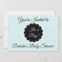 Blue gingham and Black Boy Baby Shower Invitation