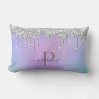 Glam Silver Glitter Drips Elegant Monogram   Lumbar Pillow