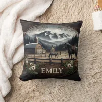 Winter Mountain Landscape With Horses and Barn Throw Pillow