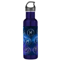 Twelve Grey Zodiac Symbols on blue galaxy | Stainless Steel Water Bottle